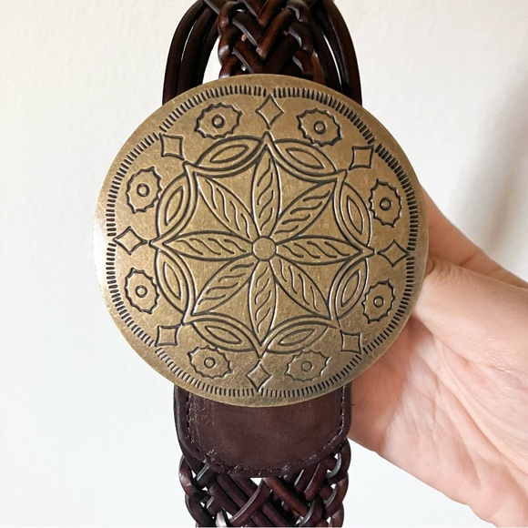 New York & Company Accessories - Boho Oversized Corset Belt Brown 100% Leather Gold Medallion Buckle Western XL